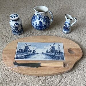 Delft Blue Charcuterie Board & Knife NWT and 3 vintage pieces of Blue Delft ware